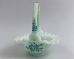 Fenton Glass Blue Roses on Blue Satin Handled Basket Hand ...