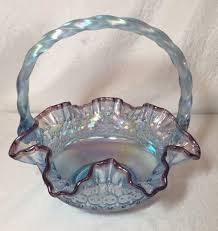Rare Fenton Glass Misty Blue/Violet/Purple Crest Iridescent Spanish Lace Basket | #1794060055
