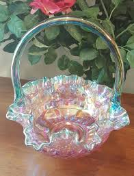 FENTON IRIDIZED PETAL PINK THUMBPRINT BASKET W/ SPRUCE GREEN HANDLE/EDGE | #1859143024