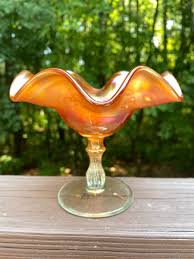 Vtg orange iridescent pressed glass fluted ruffled edge stem bowl dish footed 4" | eBay