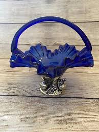 VTG COBALT BLUE GLASS BASKET BOWL HANDLE ...