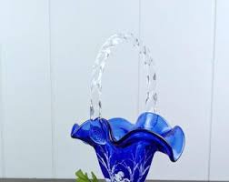 Fenton Cobalt Blue Art Glass Hand Painted Basket - Etsy