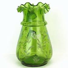 Antique Victorian Green Glass Hand Painted Enamel Pitcher Ruffle Pontil Mark | eBay