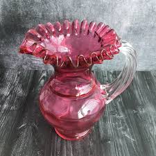 Large Antique Cranberry Glass Jug With Dimple Body and Crimped Ruffle Top Rim, Vintage Victorian Cranberry Glass Pitcher - Etsy Canada