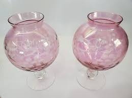 Pair Glass Pedestal Etched Ball Stem Round Pink Cranberry ...