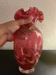 1970s Fenton Cranberry Swirl Glass Ruffled Edge Vase ...