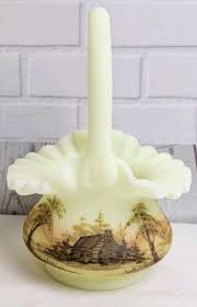 Fenton Custard Satin Basket with Hand Painted Log Cabin. | eBay