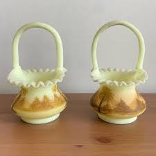 Vintage Fenton Glass Basket: Hand-painted Log Cabin Scene ...