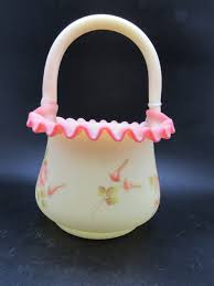 Fenton Burmese Glass Hand Painted Basket with Pink Rose ...