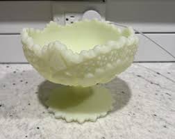 Fenton Yellow Green Compote Candy Dish Custard Satin ...