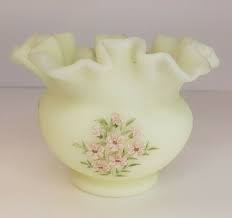 Fenton Yellow Lime Green Custard Glass Rose Bowl Hand Painted Signed | eBay