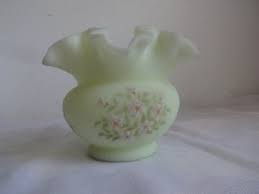 Vintage Art Signed Fenton Daisy Vaseline Color Satin Glass Ruffled Rim Vase RARE | eBay