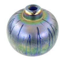 Lot - ART GLASS: Four small iridescent vases, Loetz style, including a round cobalt multi color, a green threaded vase, a long stemmed purple iridescent, and a cobalt with streaked glaze; wear