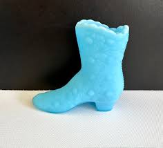 Fenton Satin Blue Glass Boot, Daisy and Button Custard Glass ...