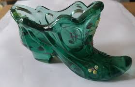 Vintage Fenton Pressed Glass Shoe Figurine Green Hand Painted Floral Signed** | eBay
