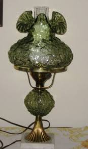 Vintage FENTON GLASS LAMP Poppy Design GREEN Glass MARBLE BASE | #442884759