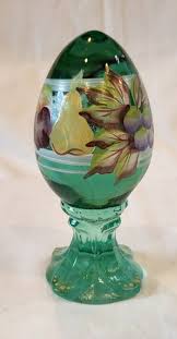 Fenton Glass Green Handpainted Egg on Attached Green ...