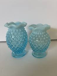 2 Vintage Fenton Small Blue Opalescent Hobnail Bud Vases | eBay