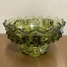 Vintage Fenton Olive Green Glass Hobnail Pedestal Bowl 6 ...