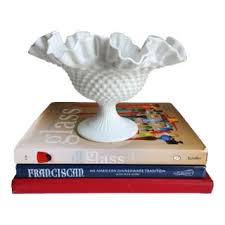 Vintage Fenton Hobnail Ruffled Rim Milk Glass Pedestal Bowl | Chairish