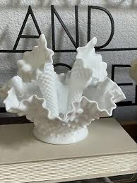 Vintage Fenton Hobnail Milk Glass Epergne 2 Horns | eBay