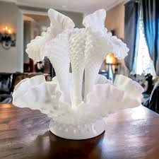 10" Fenton Hobnail Milk Glass Large 4-Piece Epergne Bowl | eBay
