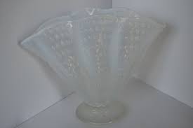 Vtg Fenton Glass Fan Vase Ruffled Hobnail Opalescent Pedestal Vaseline | eBay