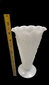 Vintage White Milk Dots And Dash Hobnail Patterned Glass VASE 9.5" Tall | eBay