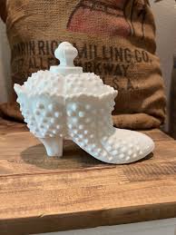 Vintage Fenton Hobnail Milk Glass Boot Dish With Lid | eBay
