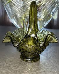 FENTON Art Glass - AVOCADO GREEN Basket in the HOBNAIL Pattern with RUFFLED RIM | eBay