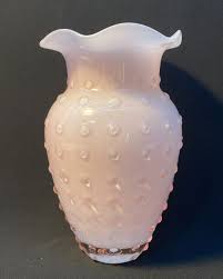 Vintage Fenton Hobnail Glass Vase Ruffled Rim Pink White | eBay