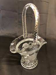 Lovely Vintage Clear Glass Floral Etched Basket with Ribbed ...