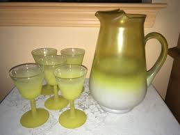 vintage retro yellow frosted multi-colored pitcher w/ 5 stem matching glasses | eBay