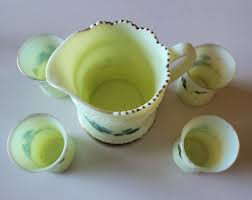 Antique Heisey Ring Band Custard Glass Pitcher & 4 Cups Rare Blue Hibiscus UV | eBay