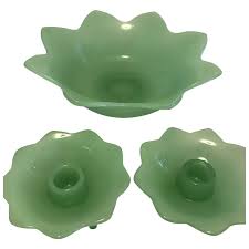 Similar Items to Fenton Jadeite Flower shaped bowl & footed candlesticks