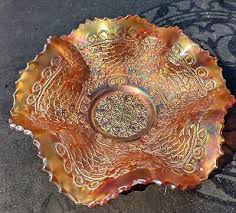 Early Fenton Leaf Chain Ruffled Edge Candy Bowl Dish - Marigold ! | eBay Australia