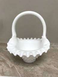 Vintage Fenton Hobnail Milk Glass Basket Bowl with Ruffled ...