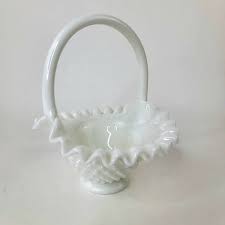 Vintage Fenton Milk Glass Hobnail Ruffled Basket, 7 1/4" x 6 ...