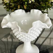 Vintage Hobnail Milk Glass Wavey Ribbon Rim Column... | Depop