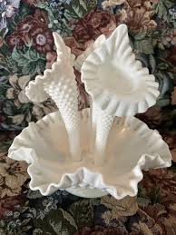 Vtg FENTON Diamond Lace Hobnail Epergne Milk Glass 3-Horn Flower Centerpiece,9” | eBay