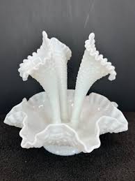 Vintage White Fenton Hobnail Milk Glass Epergne Vase Ruffled Bowl | eBay Australia