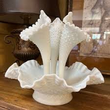 Vintage Fenton Hobnail Milk Glass Three Horn Epergne, Vase and Bowl Set. Collectible Fenton Diamond Lace Epergne Set. Vintage Fenton. - Etsy