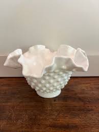 Vintage Hobnail Milk Glass Ruffled Rim Dish Bowl Vase ...