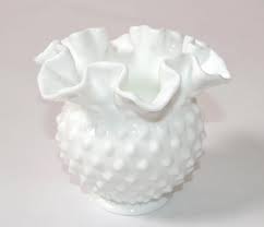 Vintage Fenton Style Art Glass White Ruffled Hobnail Milk ...