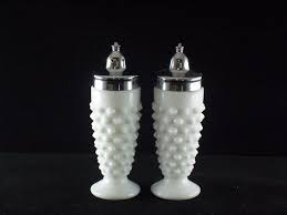Fenton Milkglass Hobnail Footed Tall Salt and Pepper | Mom's Antiques & Treasures