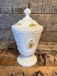 Vtg White Fenton Milk Glass Pedestal Lidded Candy Dish Hand ...
