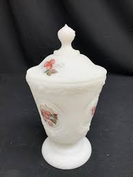 Fenton Glass White Milk Glass Pedestal Candy Jar Signed Red ...