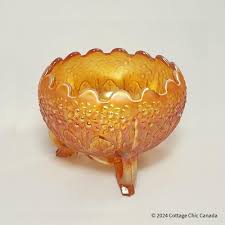 Antique Fenton Orange Tree Marigold Iridescent Carnival Glass Bowl – Three-Toed, Cupped