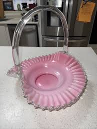 Fenton Pink Crest 13"x14” Basket Vintage Hand Blown Ribbon ...
