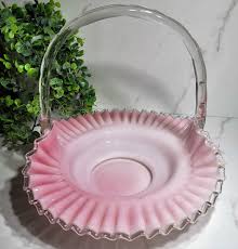 Vintage FENTON GLASS Pink & White Crimped Ruffled Silver ...